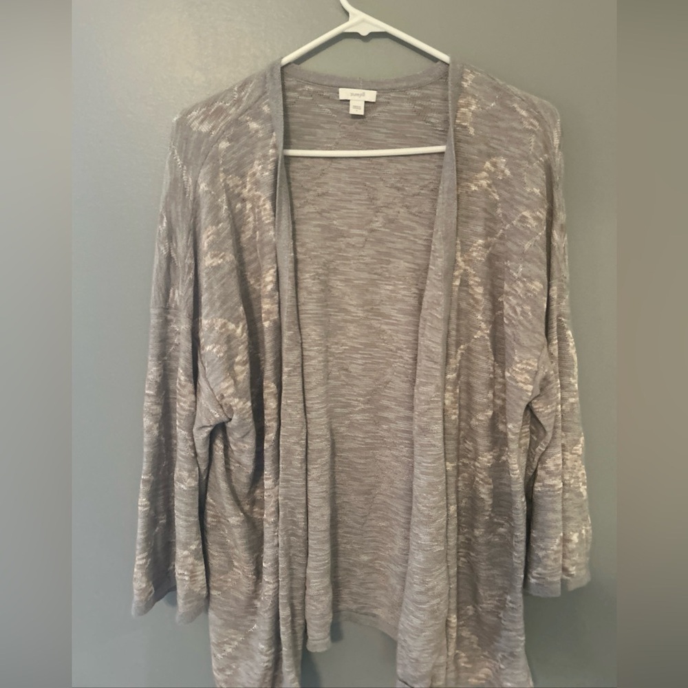 PureJill Large Woman’s Grey and Tan open front sweater organic cotton
